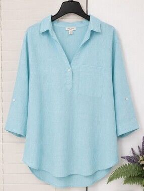 Saint Tropez West Aqua Linen Blend Popover Tunic Top 1X